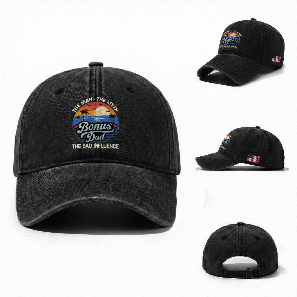 Bonus Dad Washed Cotton Baseball Cap The Man Myth Bad Influence Step Dad Fathers Day Gift TS10 Washed Cap Universal Fit Black Print Your Wear