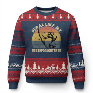 Bonus Dad Ugly Christmas Sweater Retro Feral Raccoon Stepdad Gifts From Bonus Daughter Stepdaughter TS10 Navy Red Print Your Wear