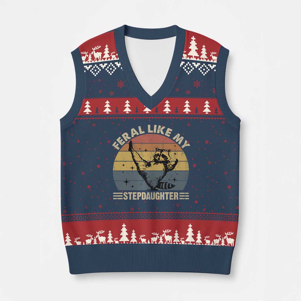 Bonus Dad V-Neck Knit Sweater Vest Retro Feral Raccoon Stepdad Gifts From Bonus Daughter Stepdaughter TS10 Navy Red Print Your Wear