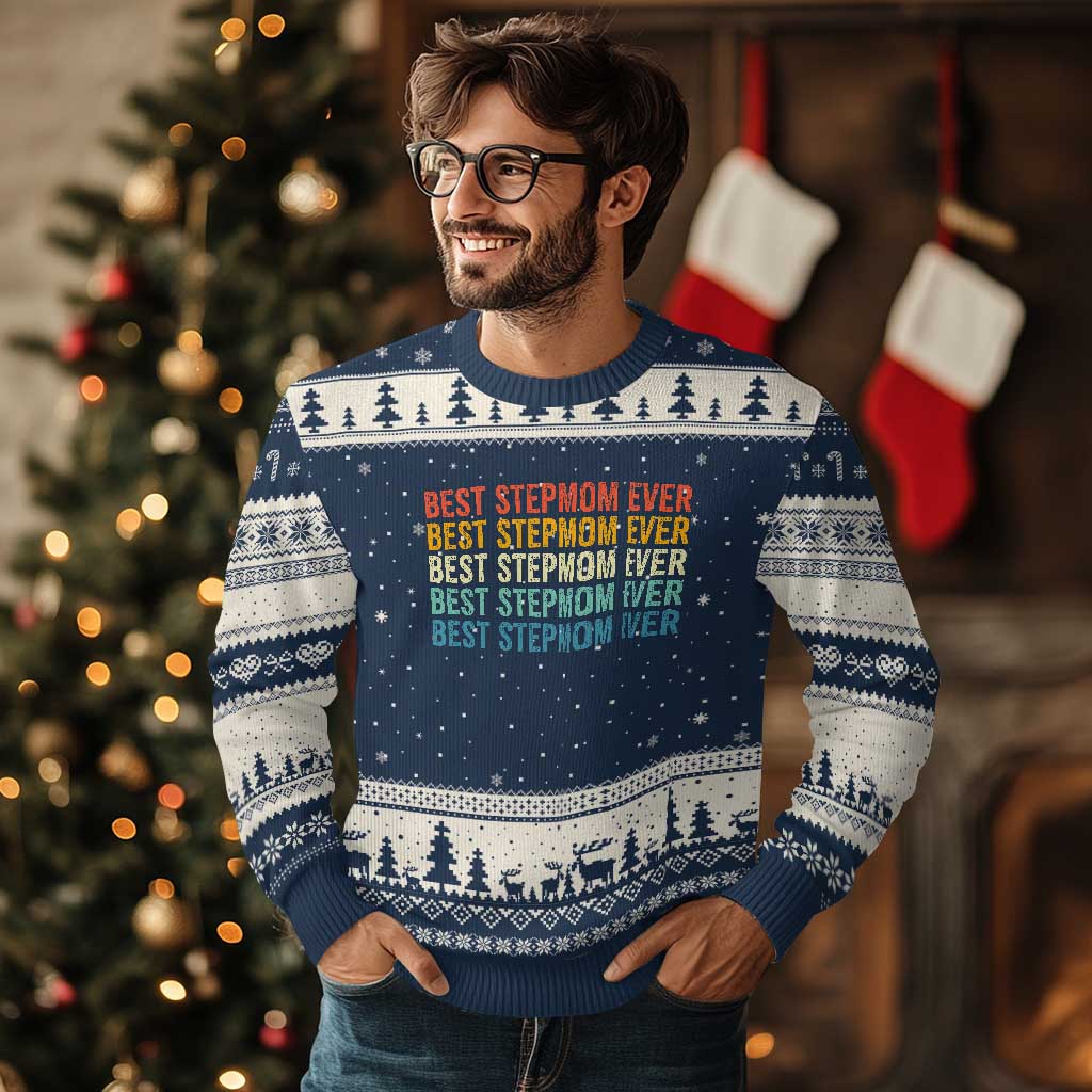 Best Stepmom Ever Ugly Christmas Sweater Funny Retro StepMom Bonus Mom TS10 Navy Beige Print Your Wear