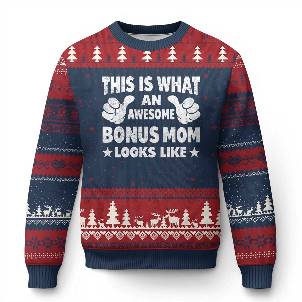 Funny Stepmom Ugly Christmas Sweater This Is What An Awesome Bonus Mom Looks Like TS10 Navy Red Print Your Wear