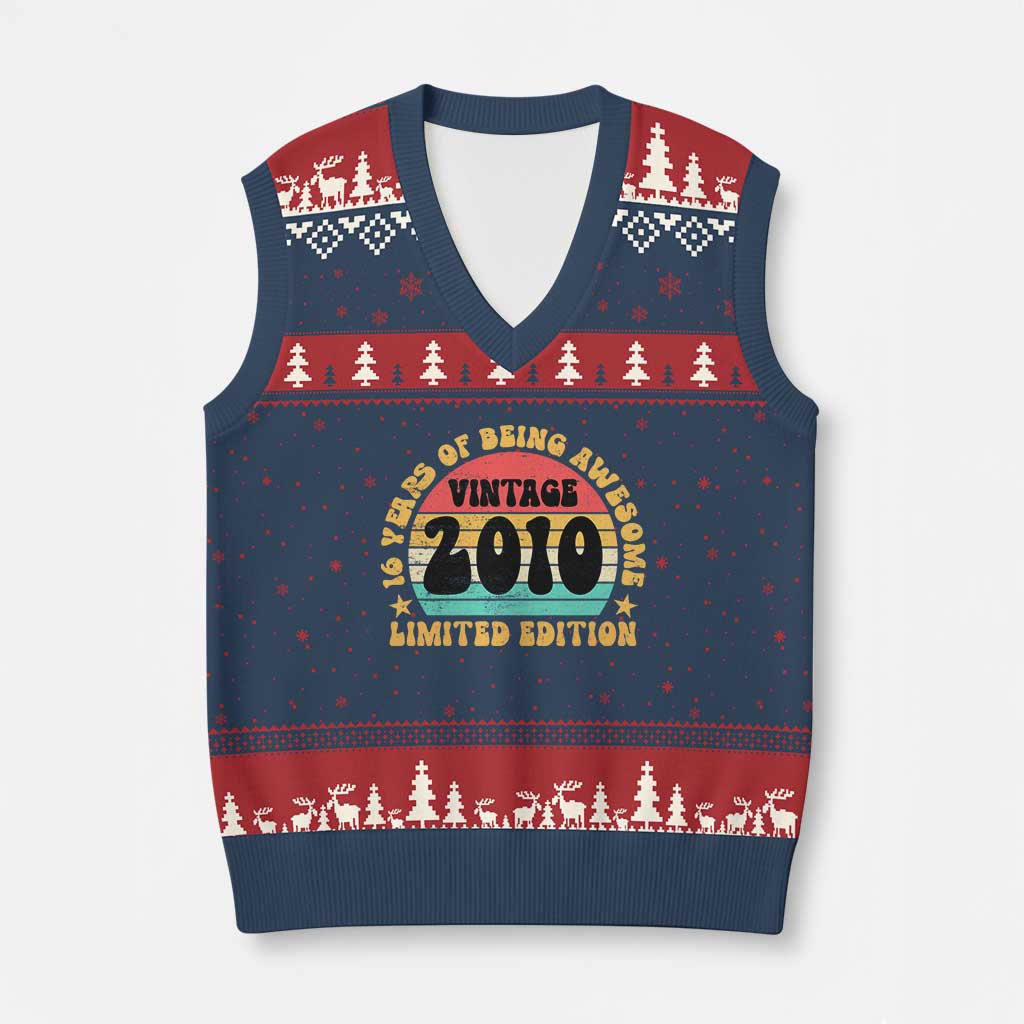 16th Birthday V-Neck Knit Sweater Vest Vintage 16yr 2010 Limited Edition 16 Year Old Gift TS10 Navy Red Print Your Wear