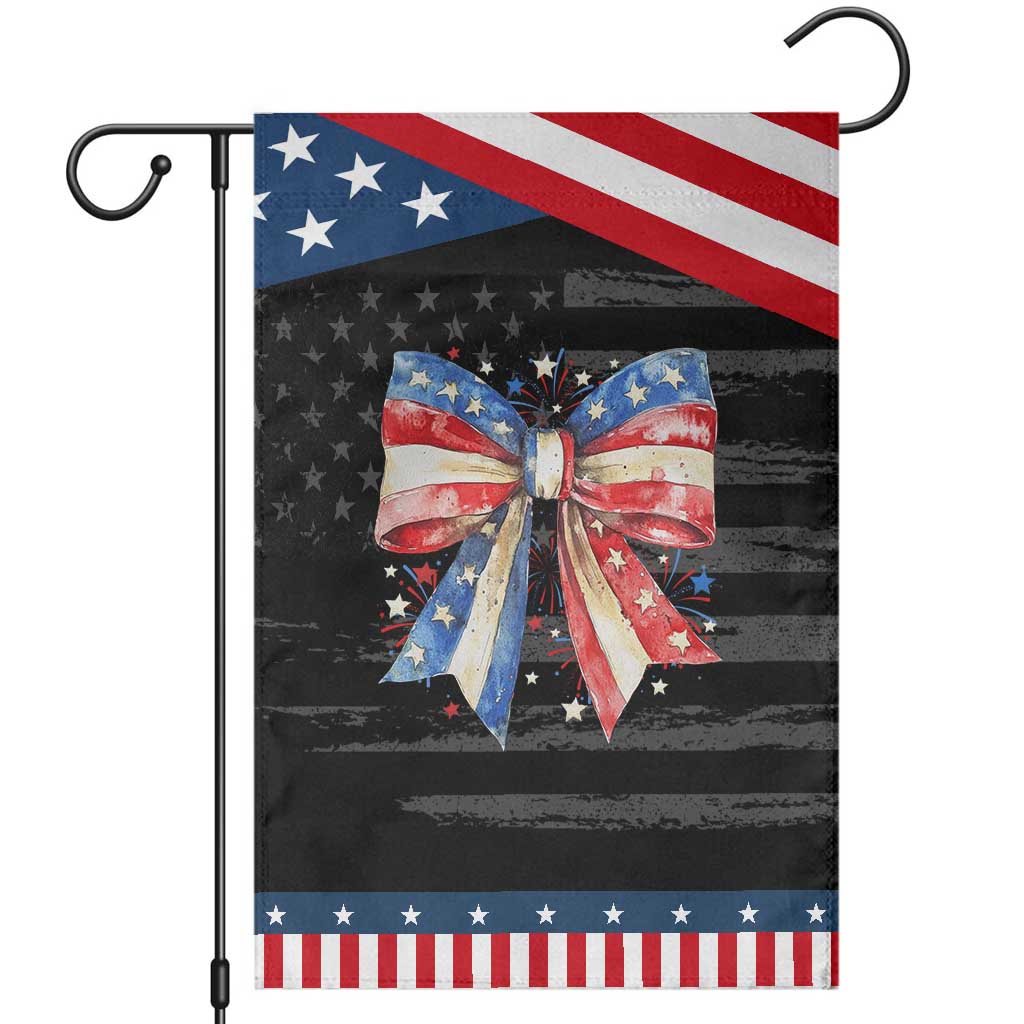 Coquette 4th Of July Garden Flag USA Bow American Flag Red White and Blue TS10 Distressed Black Blue Print Your Wear