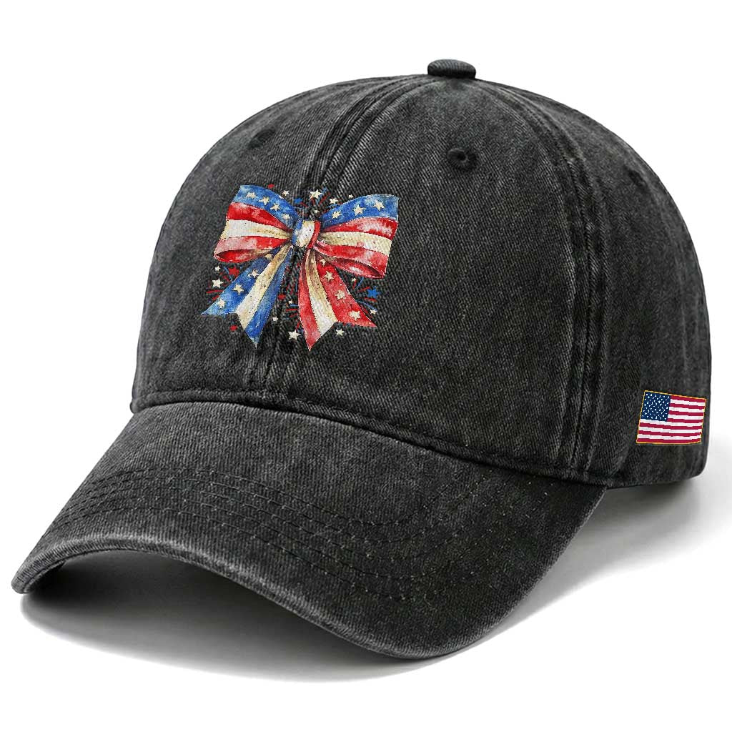 Coquette 4th Of July Washed Cotton Baseball Cap USA Bow American Flag Red White and Blue TS10 Print Your Wear