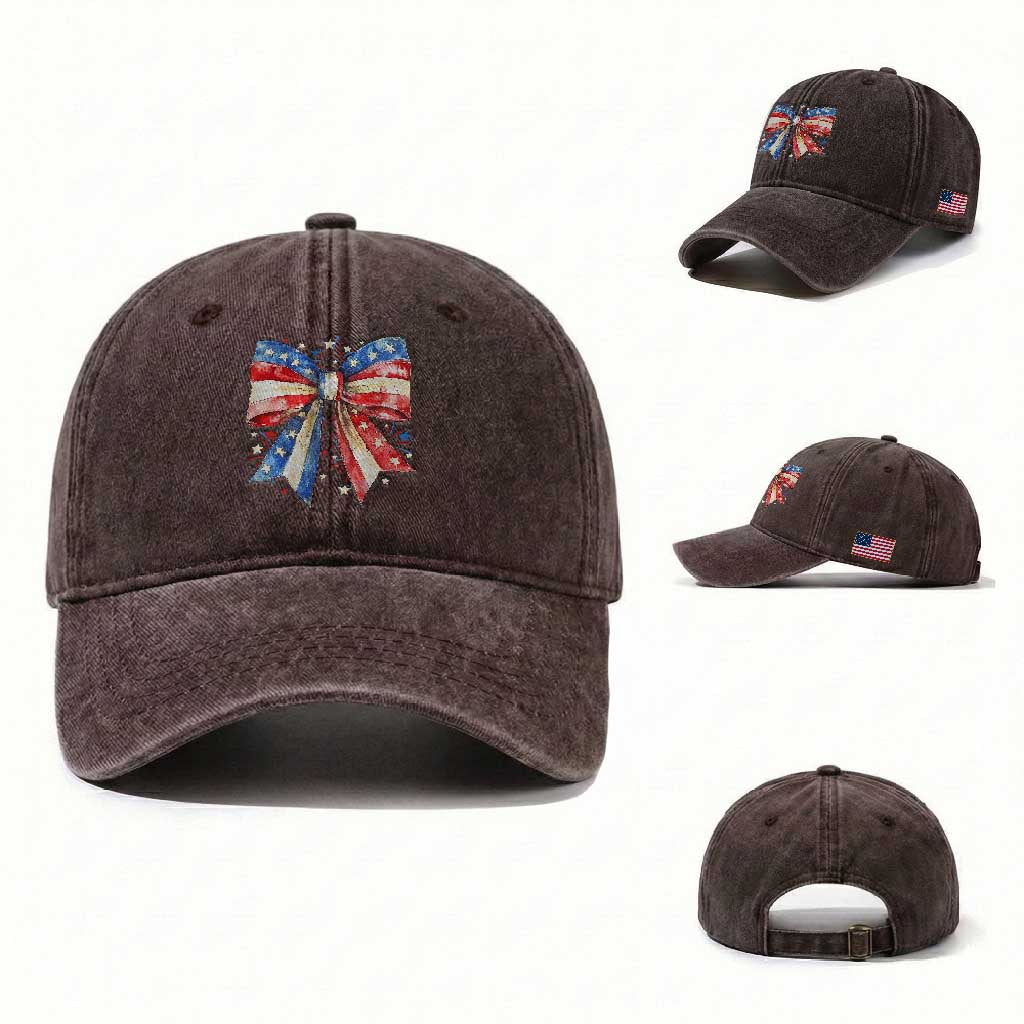 Coquette 4th Of July Washed Cotton Baseball Cap USA Bow American Flag Red White and Blue TS10 Washed Cap Universal Fit Dark Brown Print Your Wear