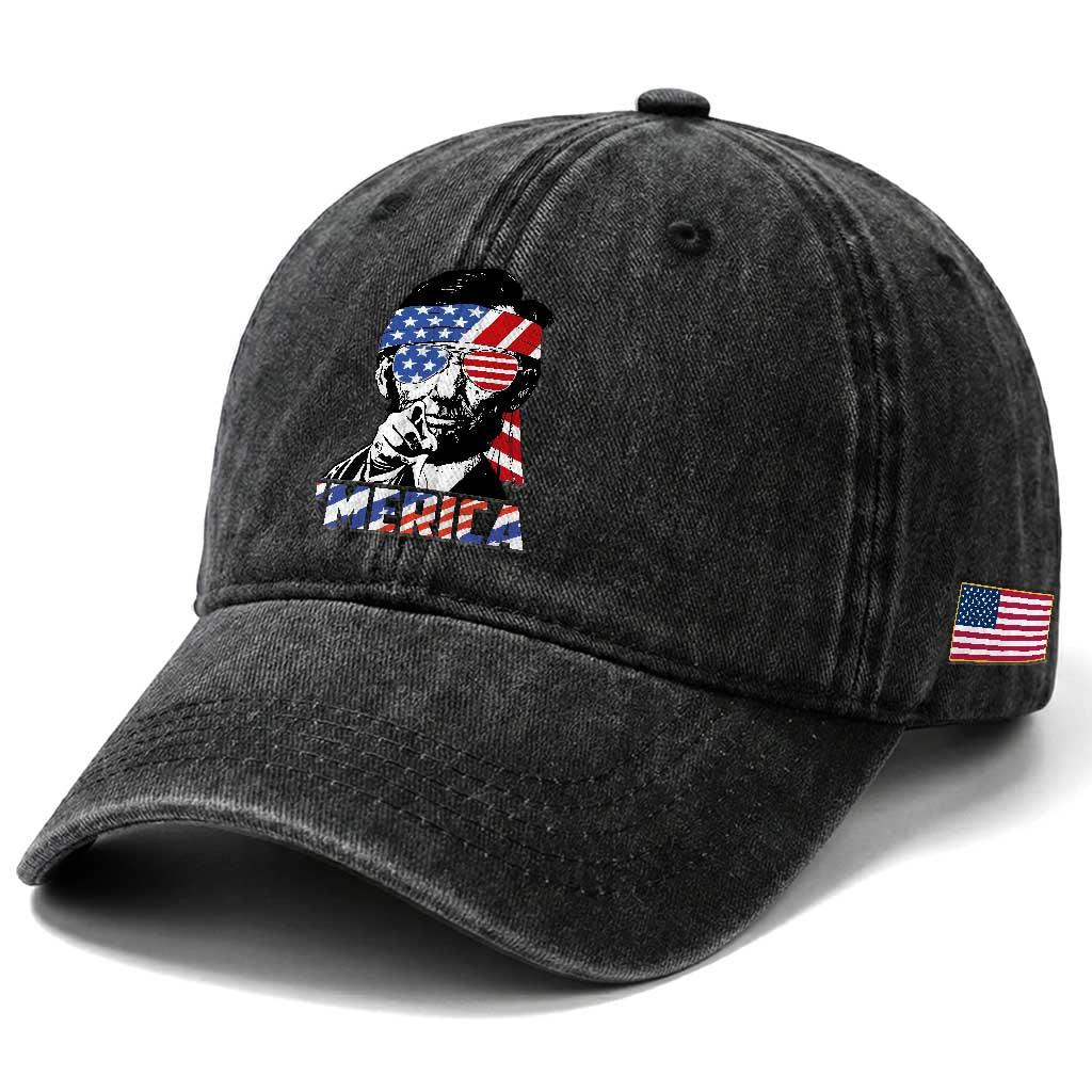 Funny Lincoln 4th Of July Merica Washed Cotton Baseball Cap Abe American Flag TS10 Print Your Wear