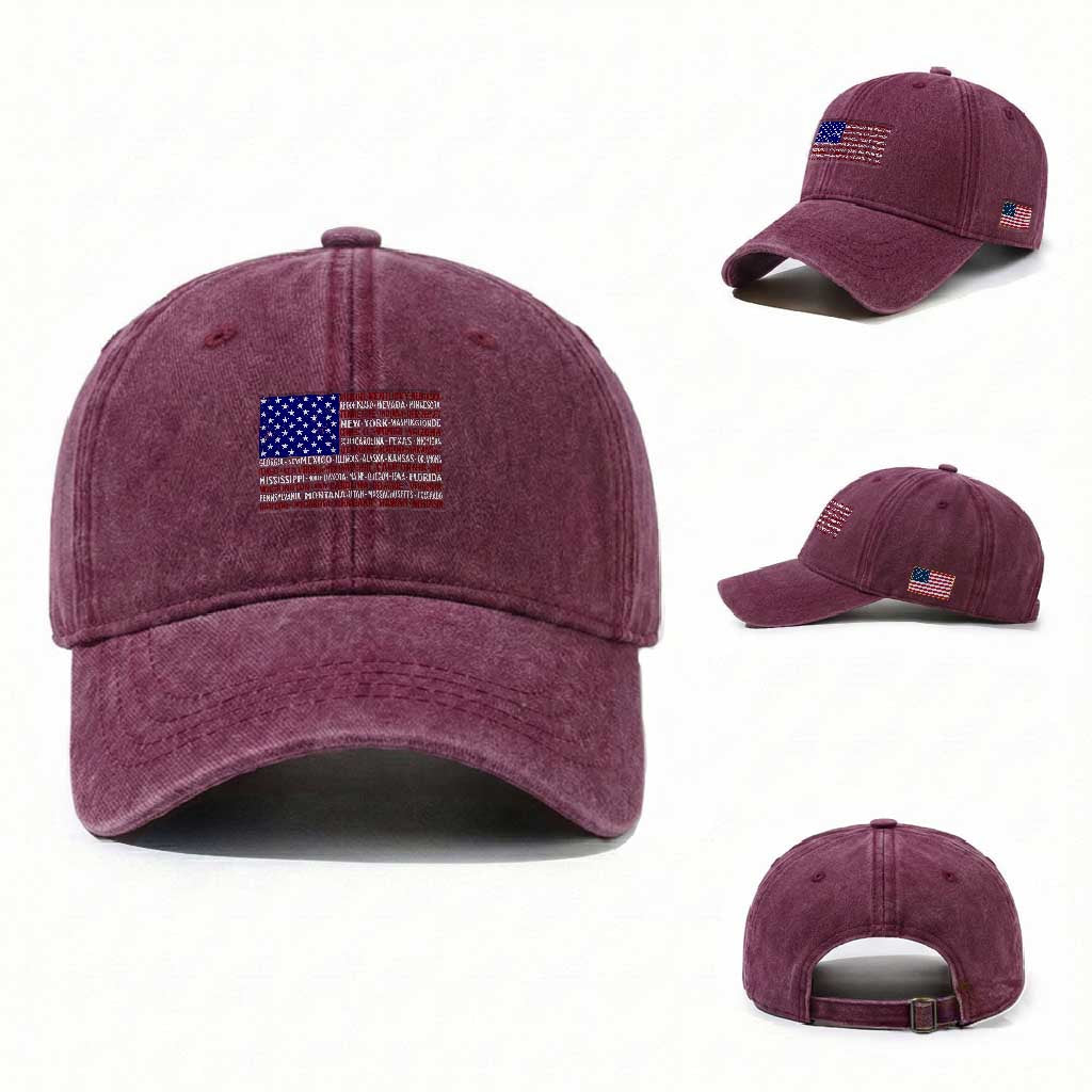 Vintage American Flag Washed Cotton Baseball Cap With States 4th Of July TS10 Washed Cap Universal Fit Burgundy Print Your Wear
