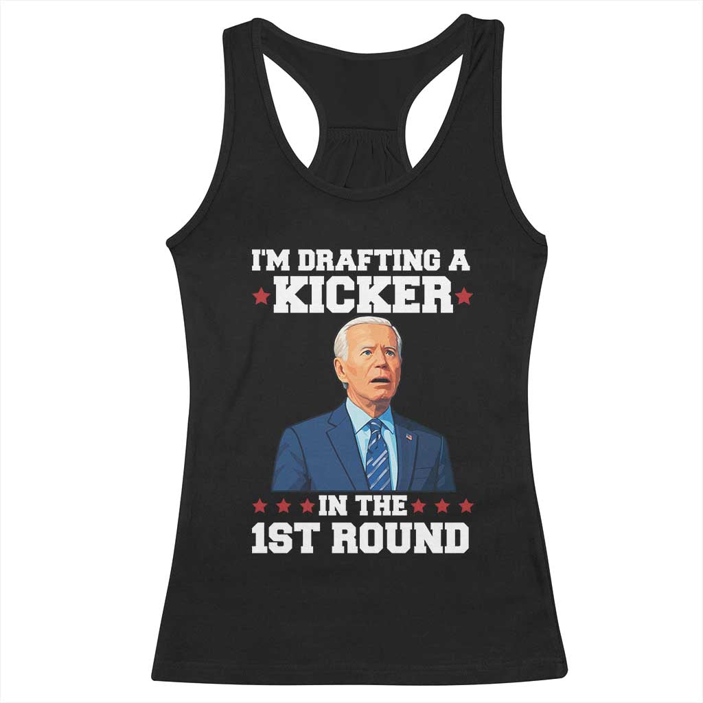 Funny Fantasy Football Racerback Tank Top Joe Biden Confused Drafting Kicker Draft Party TS10 Black Print Your Wear