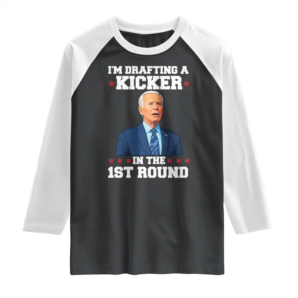 Funny Fantasy Football Raglan Shirt Joe Biden Confused Drafting Kicker Draft Party TS10 Black White Print Your Wear
