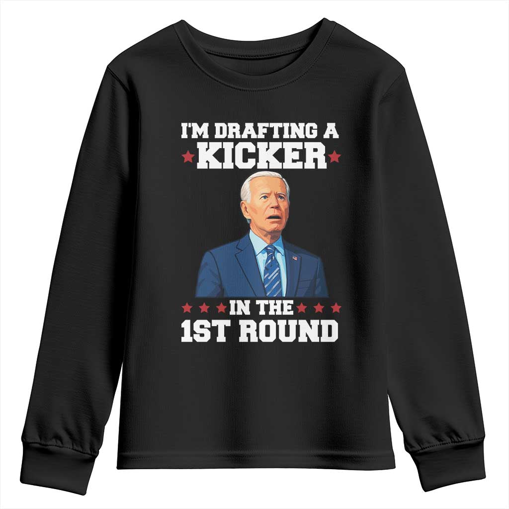 Funny Fantasy Football Youth Sweatshirt Joe Biden Confused Drafting Kicker Draft Party TS10 Black Print Your Wear
