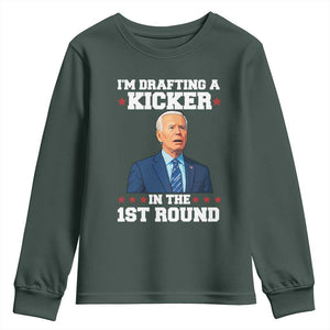 Funny Fantasy Football Youth Sweatshirt Joe Biden Confused Drafting Kicker Draft Party TS10 Dark Forest Green Print Your Wear