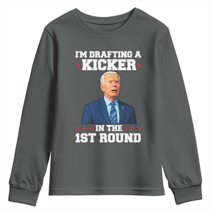 Funny Fantasy Football Youth Sweatshirt Joe Biden Confused Drafting Kicker Draft Party TS10 Dark Heather Print Your Wear