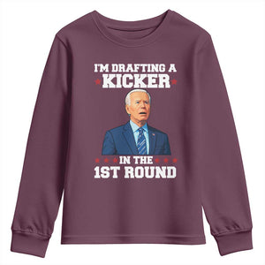 Funny Fantasy Football Youth Sweatshirt Joe Biden Confused Drafting Kicker Draft Party TS10 Maroon Print Your Wear
