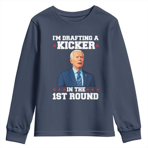 Funny Fantasy Football Youth Sweatshirt Joe Biden Confused Drafting Kicker Draft Party TS10 Navy Print Your Wear