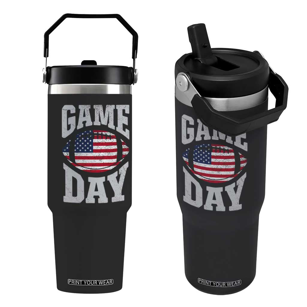 Game Day Football Flip Straw Tumbler Funny Sunday Retro Patriotic American Flag TS10 One Size: 30 oz Black Print Your Wear