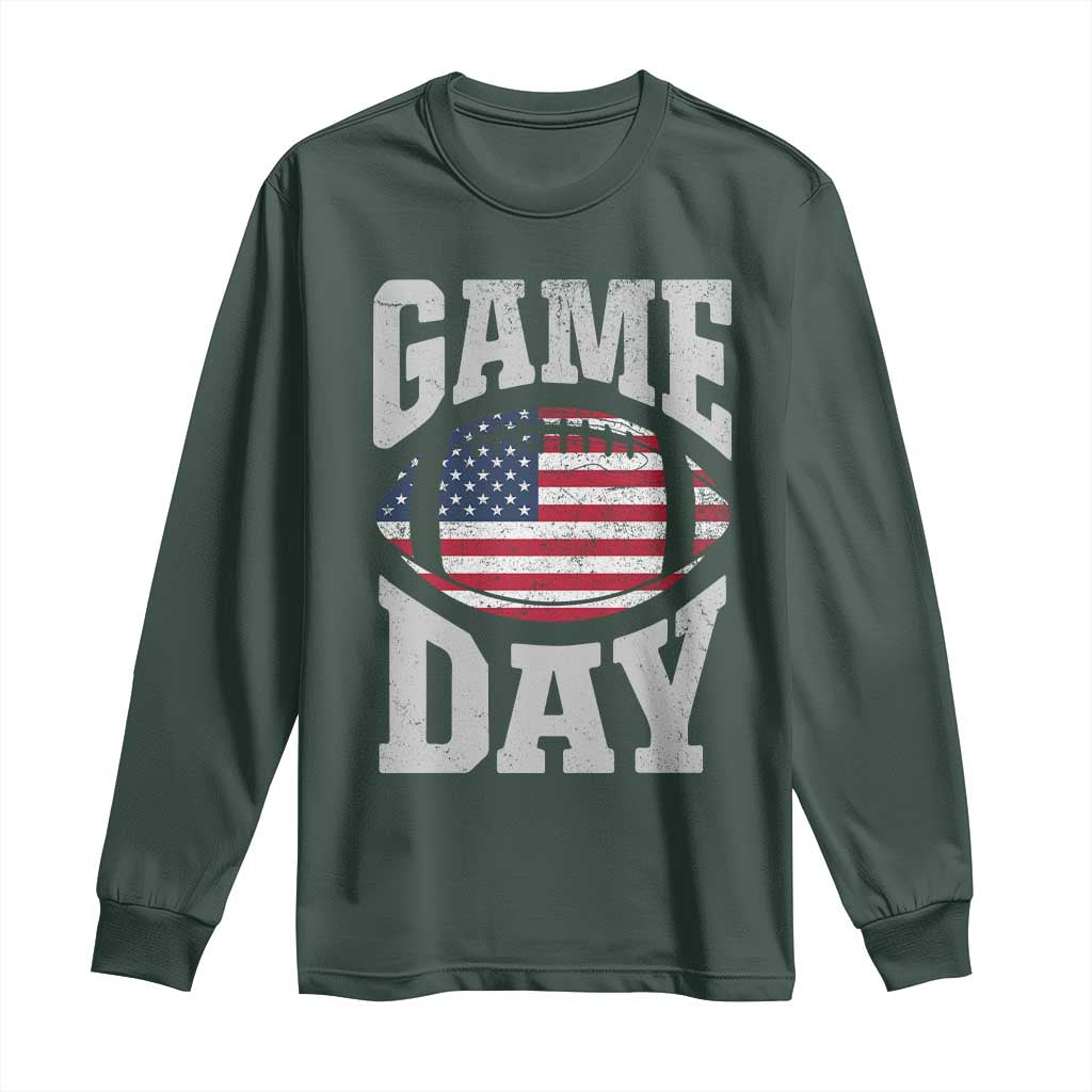 Game Day Football Long Sleeve Shirt Funny Sunday Retro Patriotic American Flag TS10 Dark Forest Green Print Your Wear