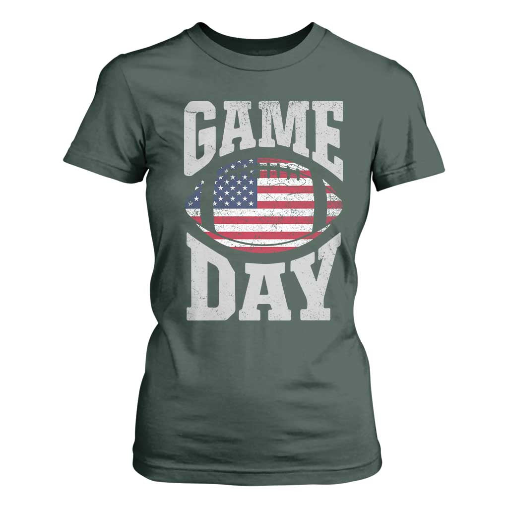 Game Day Football T Shirt For Women Funny Sunday Retro Patriotic American Flag TS10 Dark Forest Green Print Your Wear