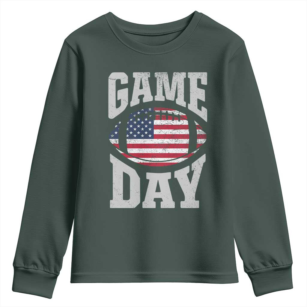 Game Day Football Youth Sweatshirt Funny Sunday Retro Patriotic American Flag TS10 Dark Forest Green Print Your Wear