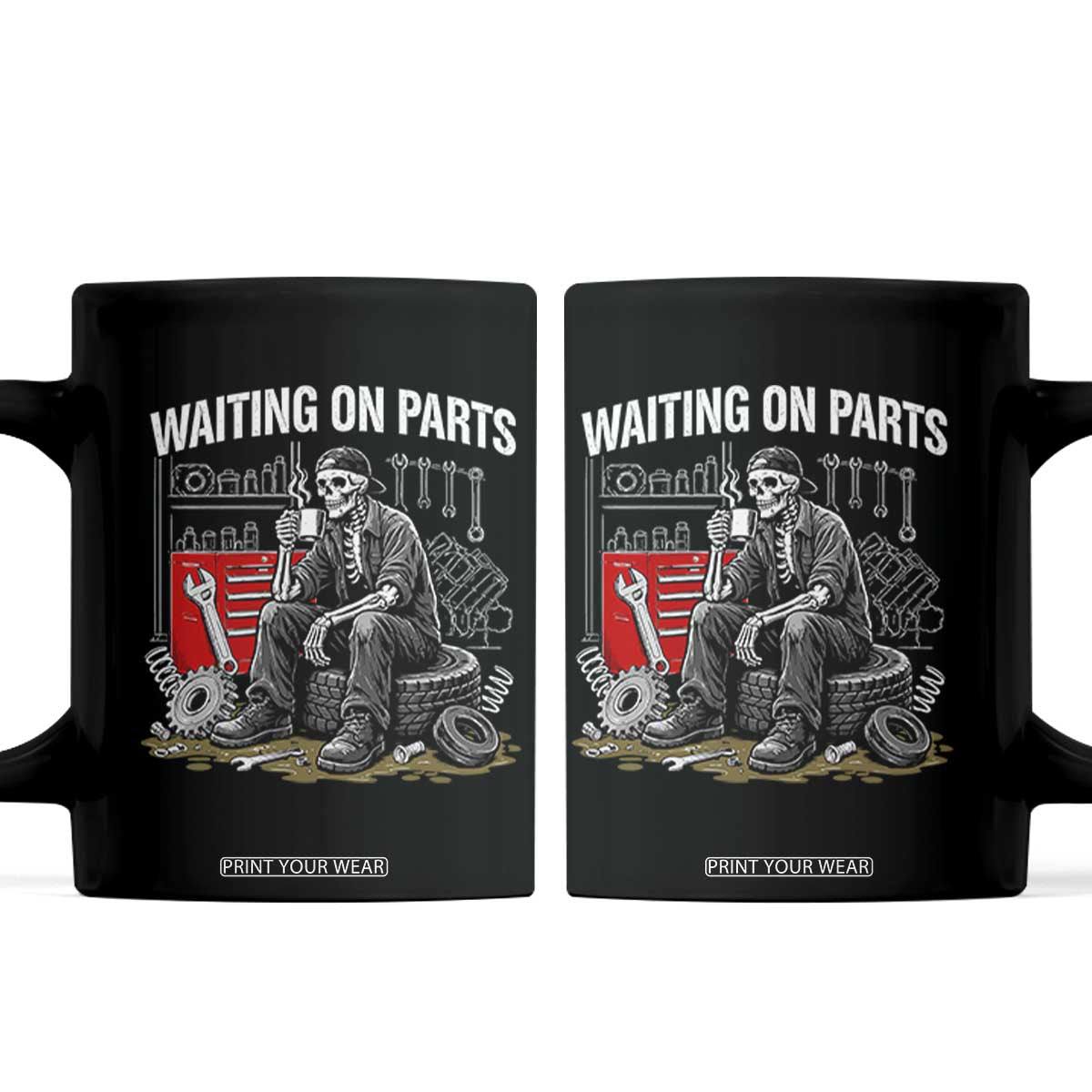 Funny Waiting On Parts Mechanic Skeleton Auto Repair Life Coffee Mug TS10 Black Print Your Wear