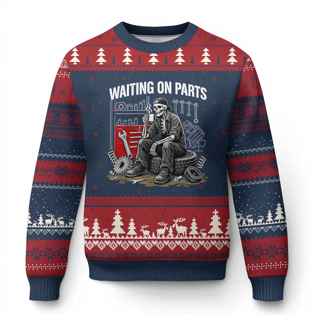 Funny Waiting On Parts Mechanic Skeleton Auto Repair Life Ugly Christmas Sweater TS10 Navy Red Print Your Wear