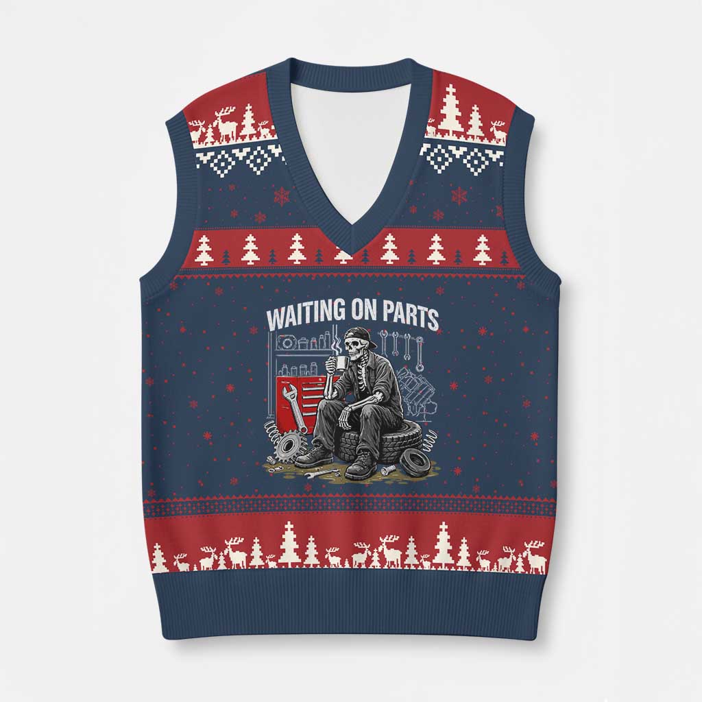 Funny Waiting On Parts Mechanic Skeleton Auto Repair Life V-Neck Knit Sweater Vest TS10 Navy Red Print Your Wear