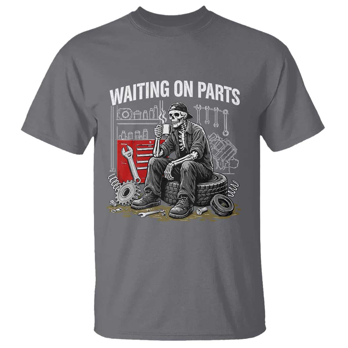 Funny Waiting On Parts Mechanic Skeleton Auto Repair Life T Shirt TS10 Charcoal Print Your Wear
