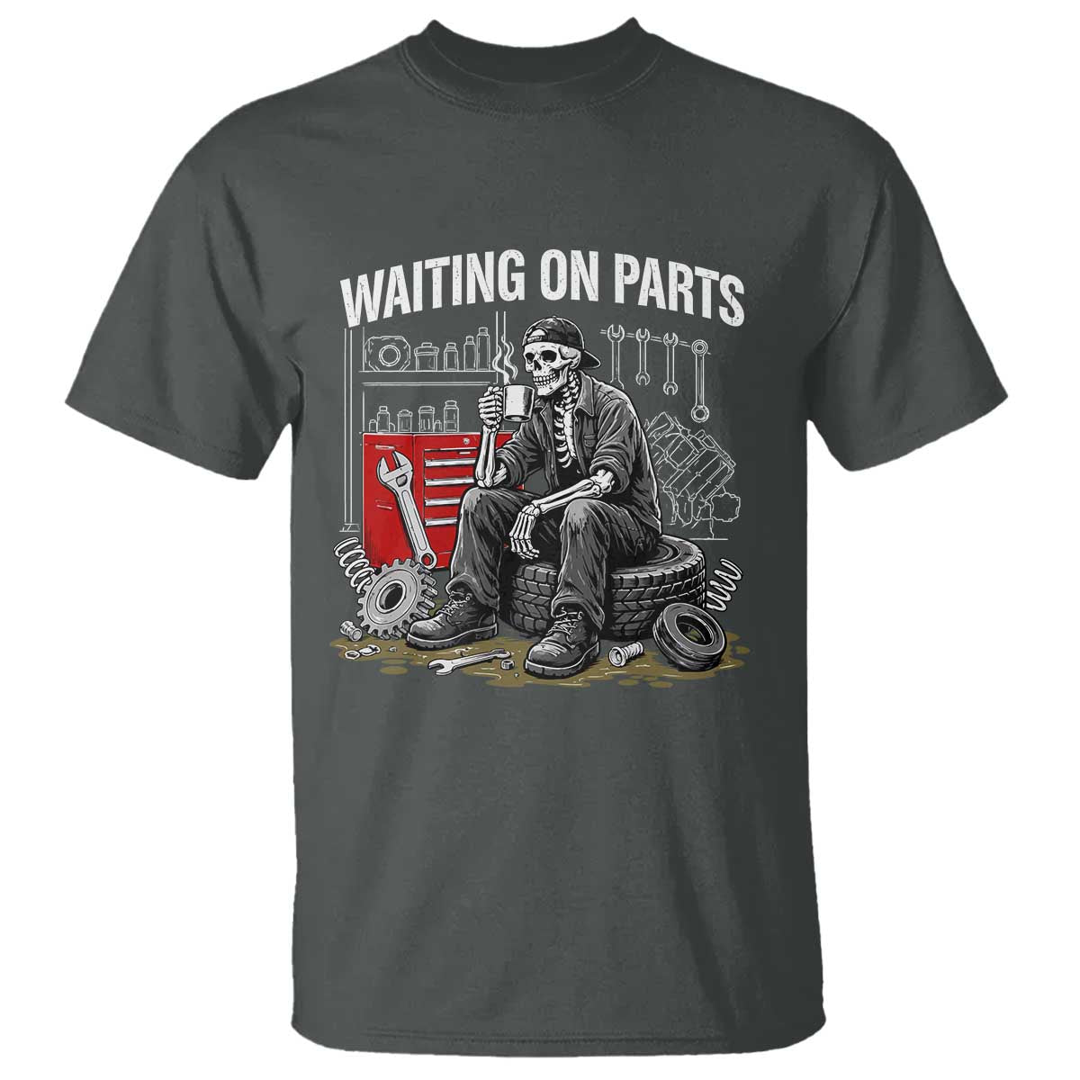 Funny Waiting On Parts Mechanic Skeleton Auto Repair Life T Shirt TS10 Dark Heather Print Your Wear