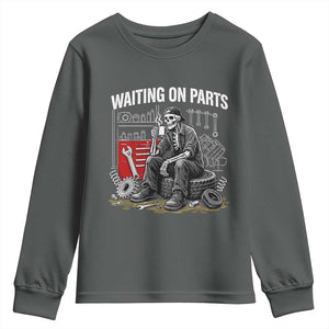 Funny Waiting On Parts Mechanic Skeleton Auto Repair Life Youth Sweatshirt TS10 Dark Heather Print Your Wear