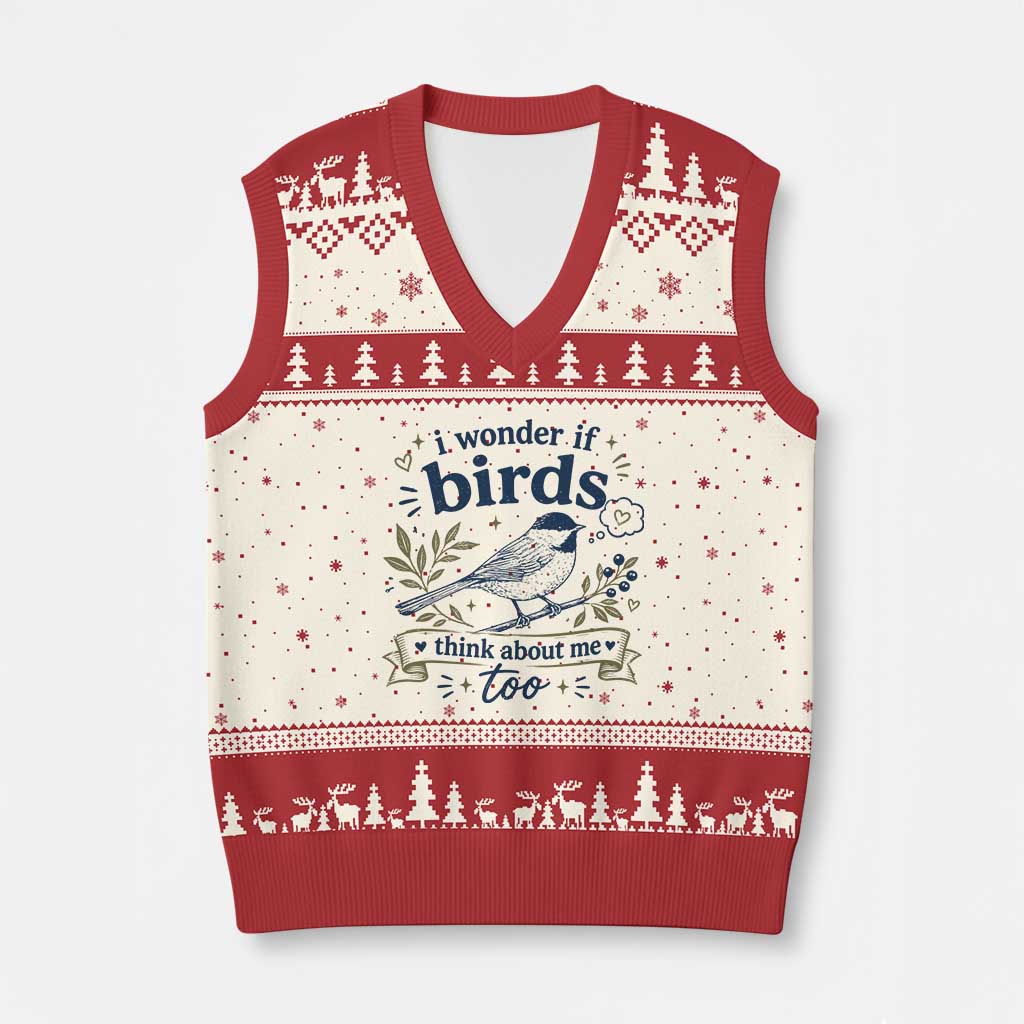 Bird Lover V-Neck Knit Sweater Vest I Wonder If Birds Think About Me Too Funny Bird Watcher Birder TS10 Beige Red Print Your Wear