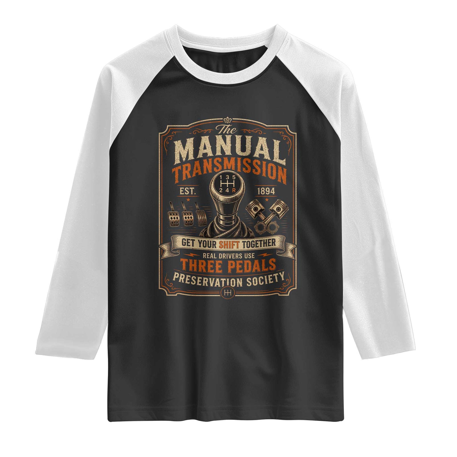 Car Guy Raglan Shirt The Manual Transmission Preservation Society TS10 Black White Print Your Wear