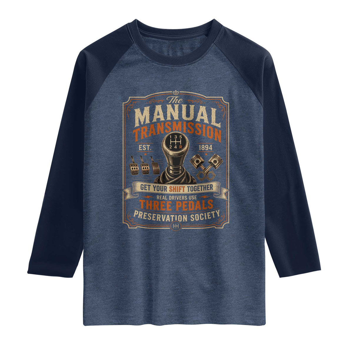 Car Guy Raglan Shirt The Manual Transmission Preservation Society TS10 Heather Denim Navy Print Your Wear