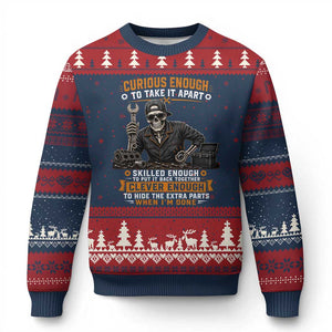 Mechanic Skeleton Ugly Christmas Sweater Curious Enough to Take It Apart Car Auto Repair Garage