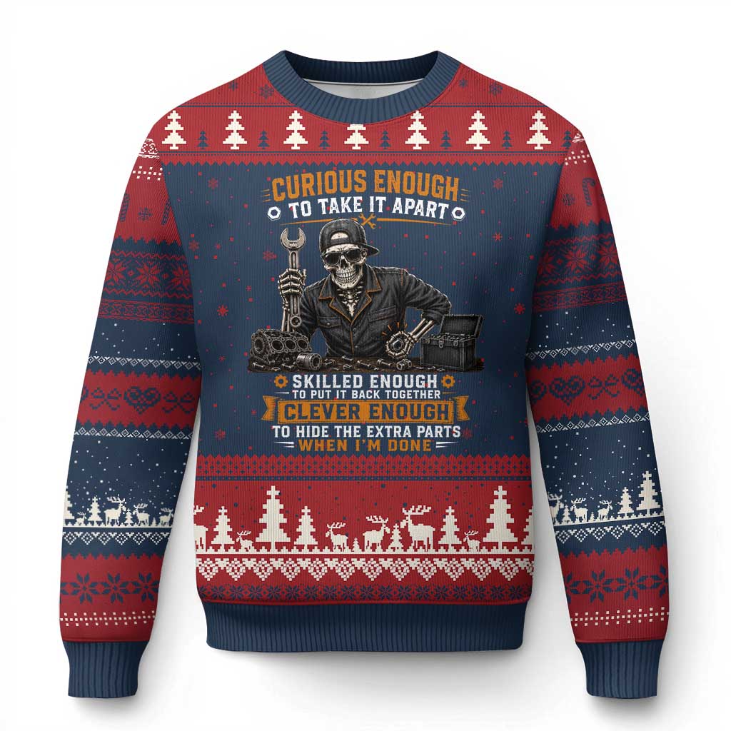 Mechanic Skeleton Ugly Christmas Sweater Curious Enough to Take It Apart Car Auto Repair Garage TS10 Navy Red Print Your Wear