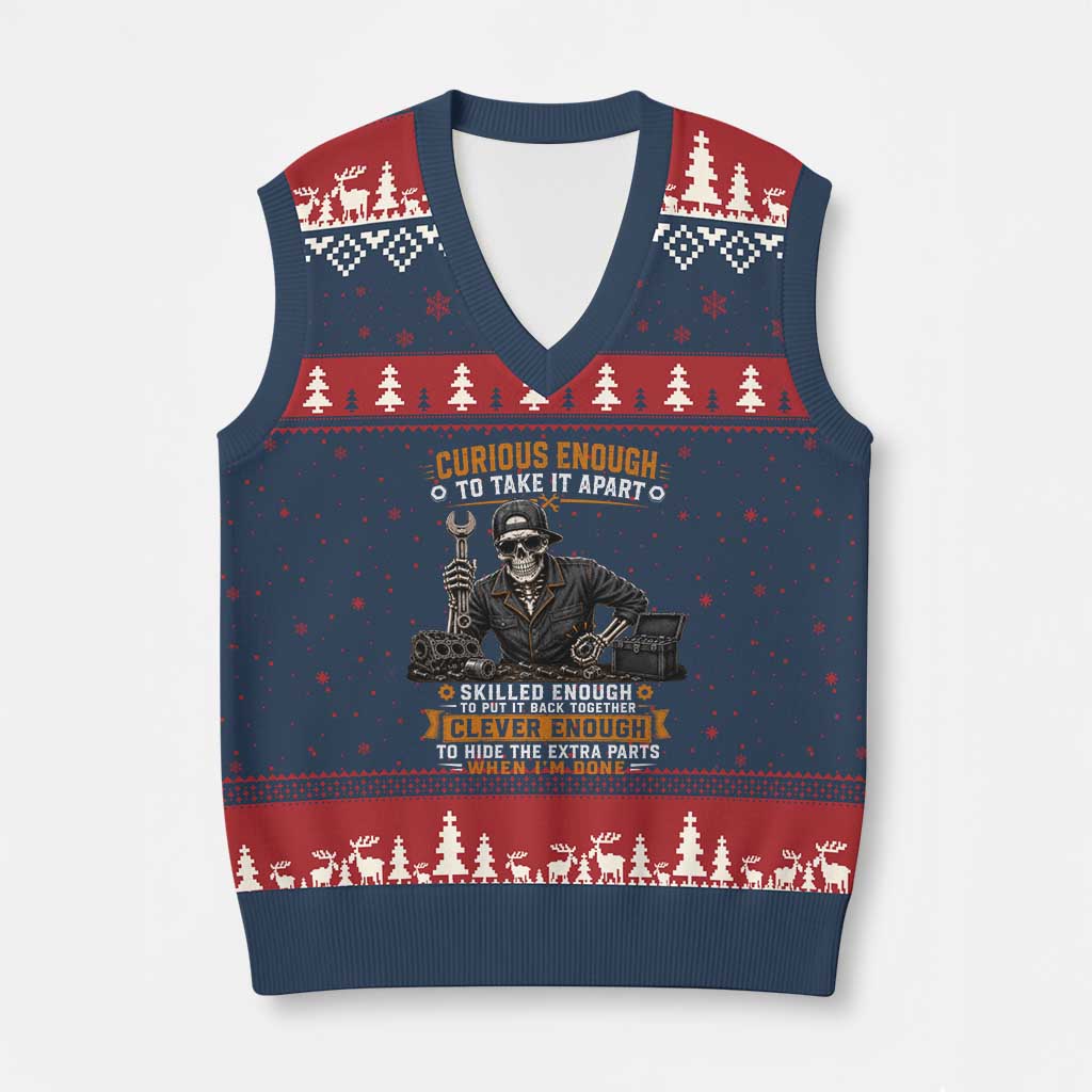 Mechanic Skeleton V-Neck Knit Sweater Vest Curious Enough to Take It Apart Car Auto Repair Garage