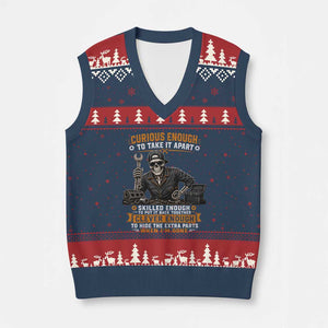 Mechanic Skeleton V-Neck Knit Sweater Vest Curious Enough to Take It Apart Car Auto Repair Garage