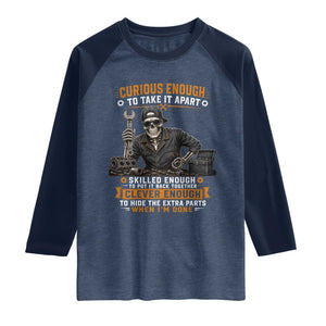 Mechanic Skeleton Raglan Shirt Curious Enough to Take It Apart Car Auto Repair Garage