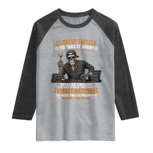 Mechanic Skeleton Raglan Shirt Curious Enough to Take It Apart Car Auto Repair Garage