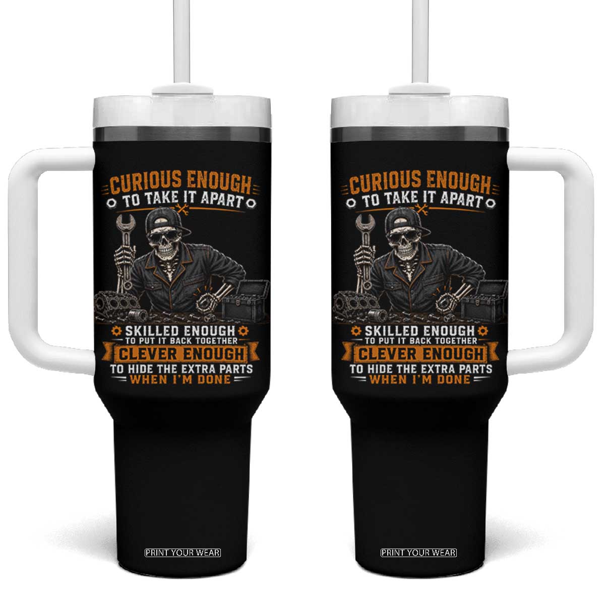Mechanic Skeleton Tumbler With Handle Curious Enough to Take It Apart Car Auto Repair Garage TS10 One Size: 40 oz Black Print Your Wear
