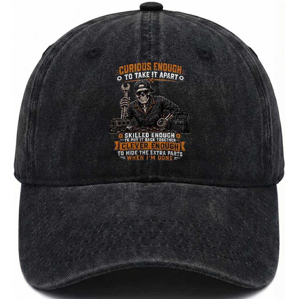Mechanic Skeleton Washed Cotton Baseball Cap Curious Enough to Take It Apart Car Auto Repair Garage