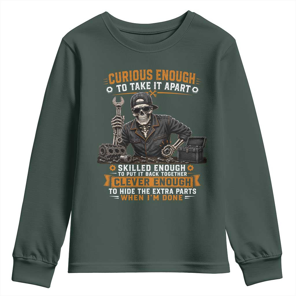 Mechanic Skeleton Youth Sweatshirt Curious Enough to Take It Apart Car Auto Repair Garage
