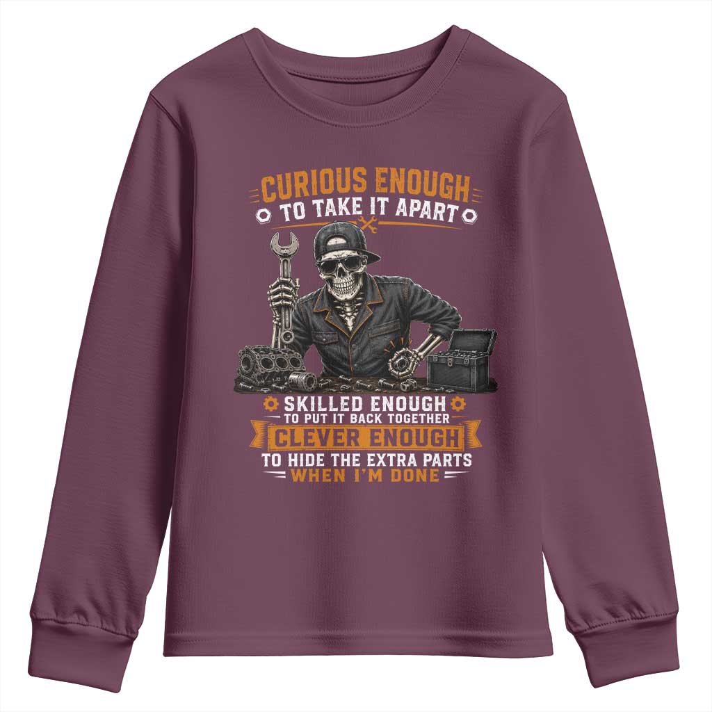 Mechanic Skeleton Youth Sweatshirt Curious Enough to Take It Apart Car Auto Repair Garage