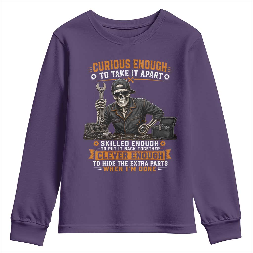 Mechanic Skeleton Youth Sweatshirt Curious Enough to Take It Apart Car Auto Repair Garage