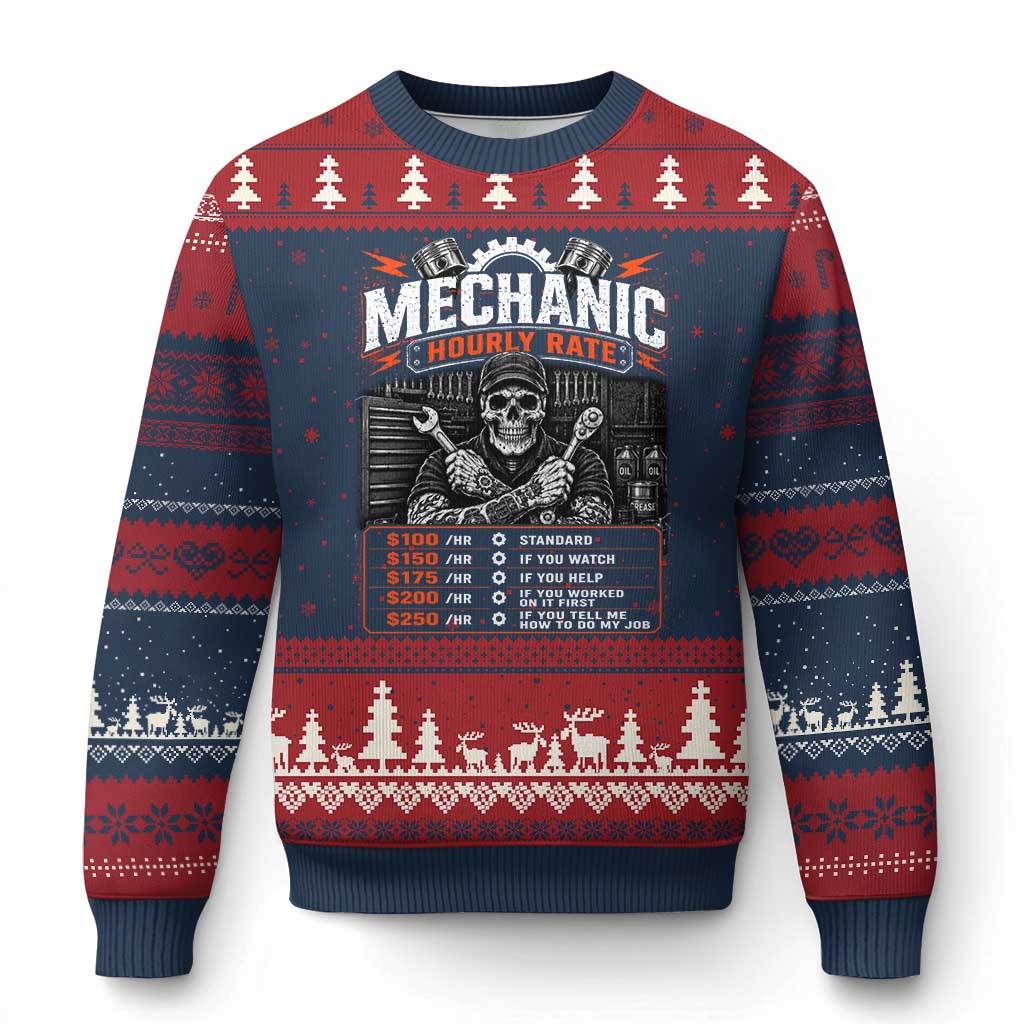 Mechanic Skeleton Ugly Christmas Sweater Funny Hourly Rate Auto Car Garage Labor Rates TS10 Navy Red Print Your Wear