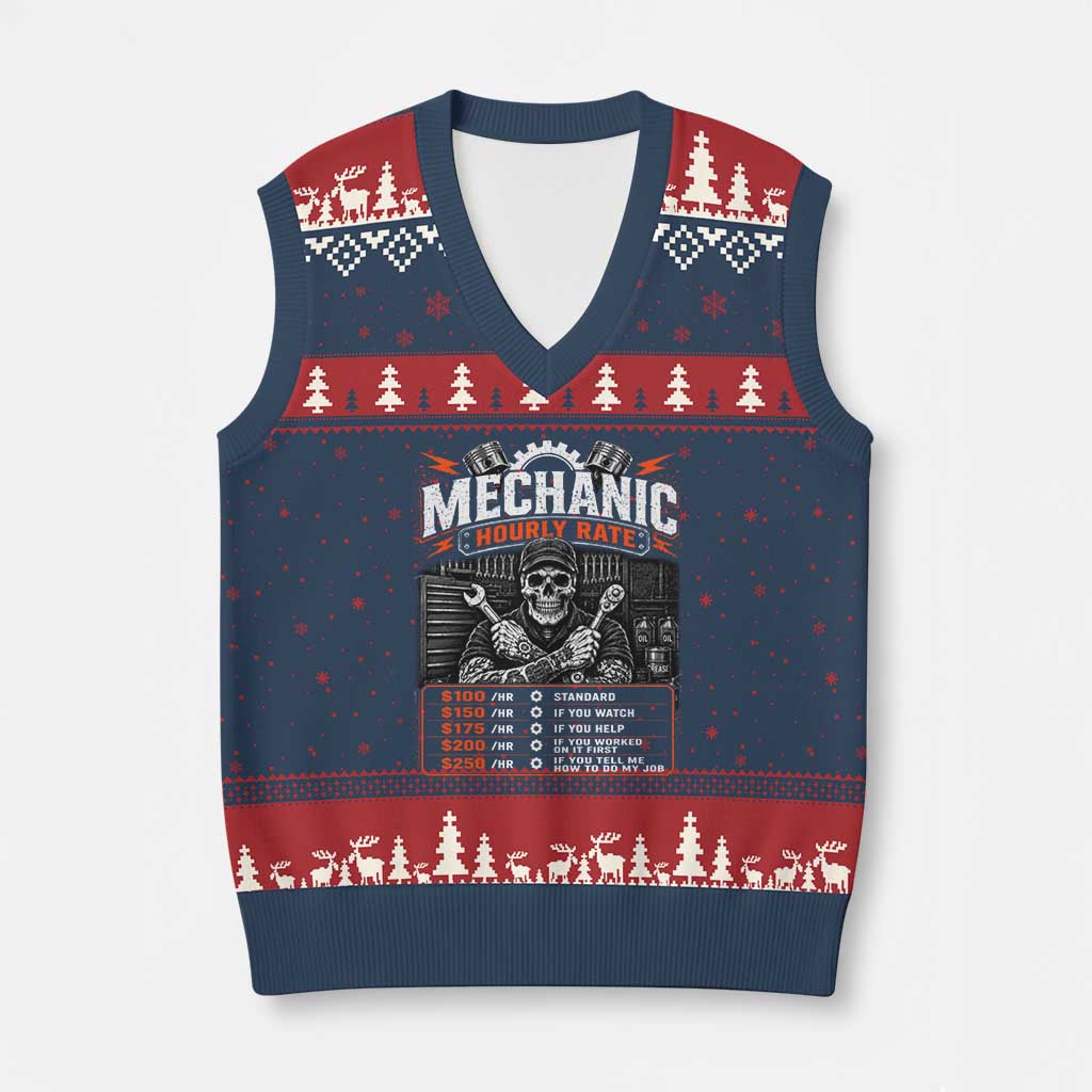 Mechanic Skeleton V-Neck Knit Sweater Vest Funny Hourly Rate Auto Car Garage Labor Rates TS10 Navy Red Print Your Wear