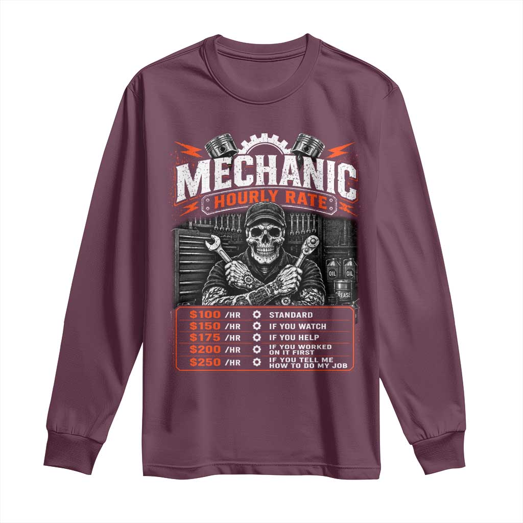 Mechanic Skeleton Long Sleeve Shirt Funny Hourly Rate Auto Car Garage Labor Rates