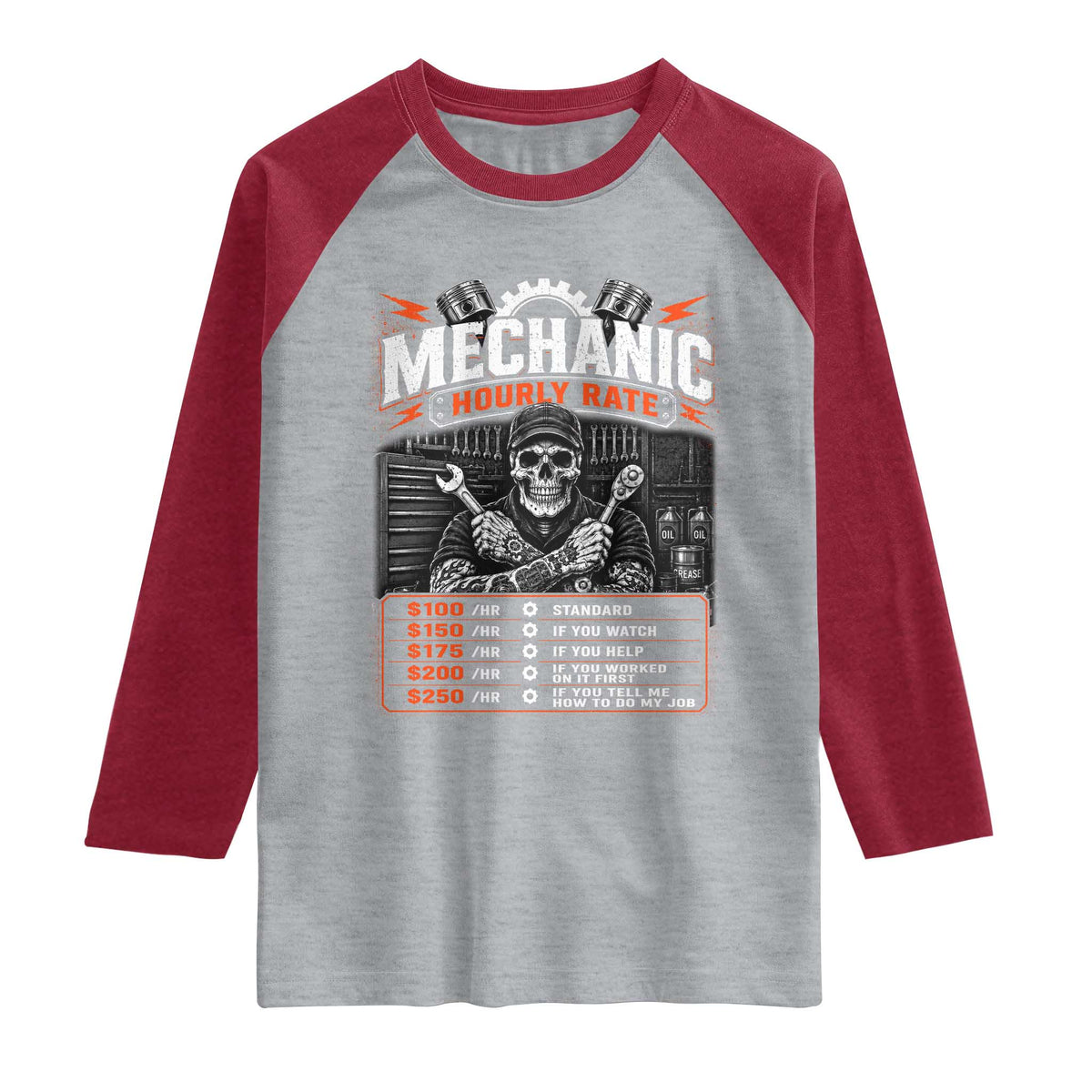 Mechanic Skeleton Raglan Shirt Funny Hourly Rate Auto Car Garage Labor Rates