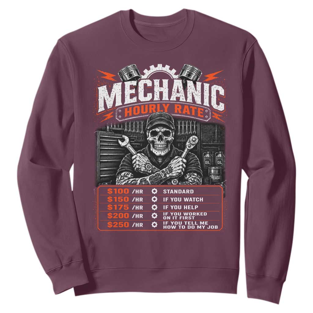 Mechanic Skeleton Sweatshirt Funny Hourly Rate Auto Car Garage Labor Rates