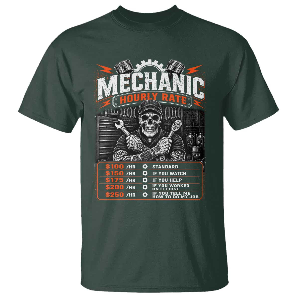 Mechanic Skeleton T Shirt Funny Hourly Rate Auto Car Garage Labor Rates