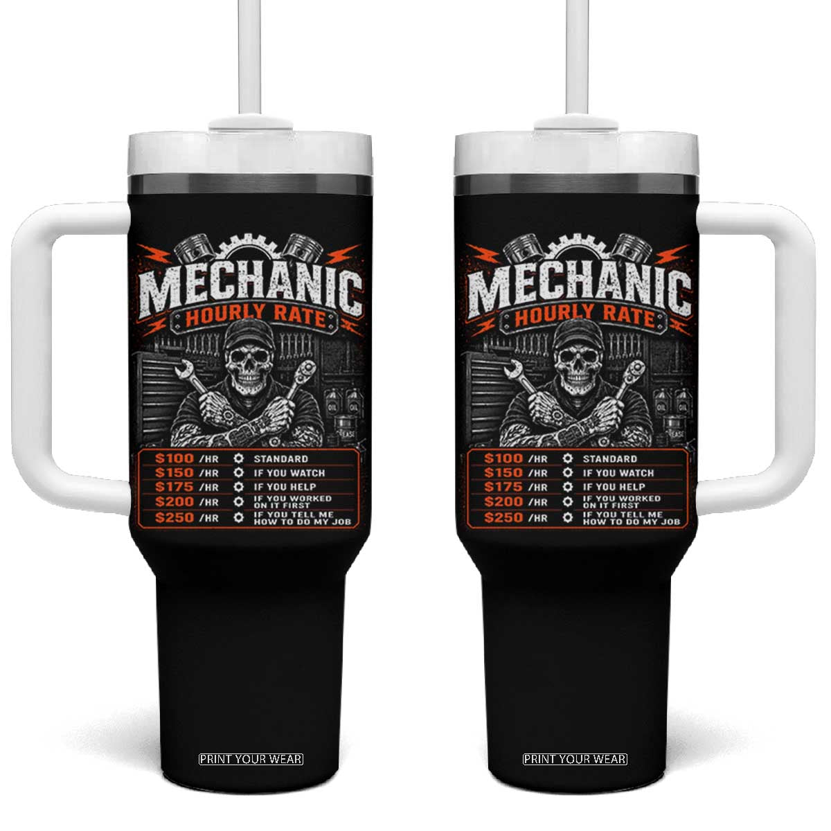 Mechanic Skeleton Tumbler With Handle Funny Hourly Rate Auto Car Garage Labor Rates TS10 One Size: 40 oz Black Print Your Wear