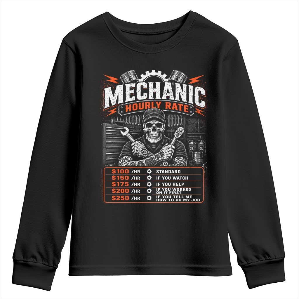 Mechanic Skeleton Youth Sweatshirt Funny Hourly Rate Auto Car Garage Labor Rates